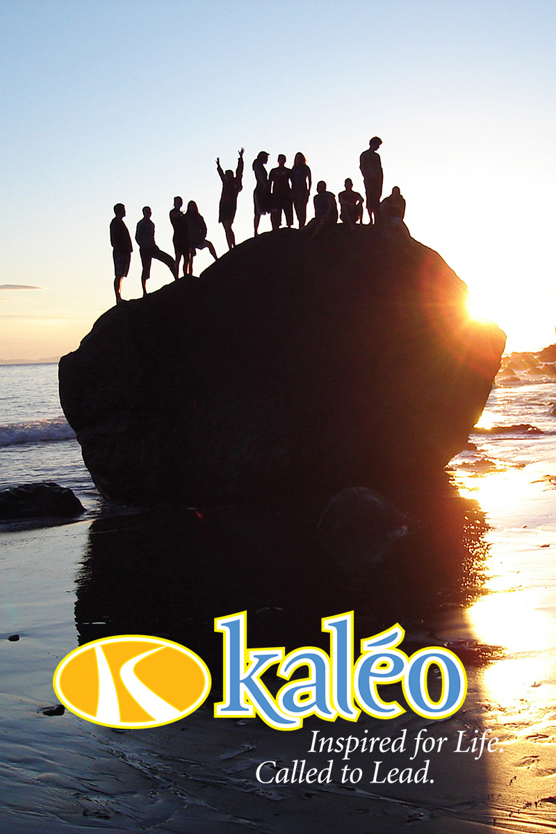 Kaléo Students on Rock at Beach at Sunset with Logo 2